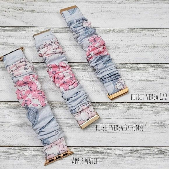 Spring Floral Scrunchie Apple Watch Band, Fitbit Sense Versa Cotton Fabric Band - Picture 6 of 7
